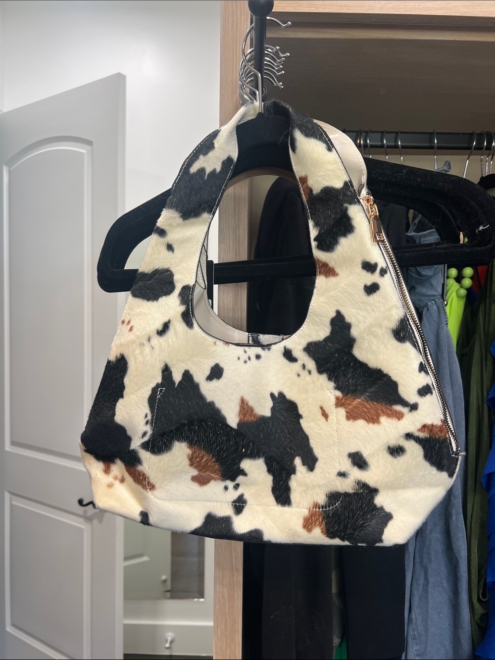 Fashion Nova Cow-Print Faux Fur Shoulder Bag in Cream, Black & Brown